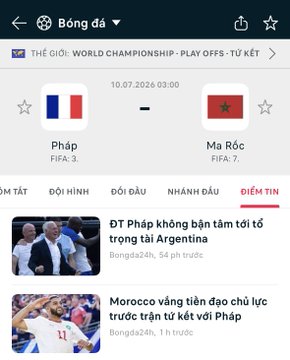 A Vietnamese sports app screenshot shows a FIFA World Championship Playoffs quarterfinal match scheduled for 10.07.2026 at 03:00 between France (FIFA #3) and Morocco (FIFA #7), featuring headlines about France's failed attack in Argentina and Morocco's golden generation ahead of their quarterfinal clash—directly previewing the France vs. Morocco matchup referenced in the Bitget prediction game post.