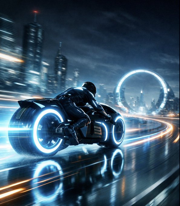 A futuristic digital artwork showing a rider on a glowing blue motorcycle speeding through a wet city street at night with a large ring structure in the background.
