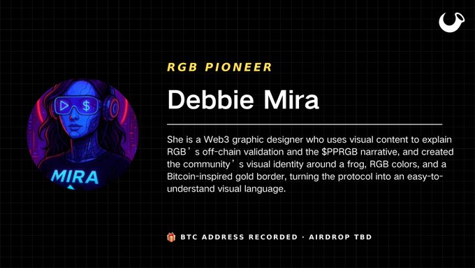A profile card for 'RGB PIONEER Debbie Mira' featuring her stylized avatar, describing her as a Web3 graphic designer who created the visual identity for the $PPRGB frog narrative around RGB protocol.