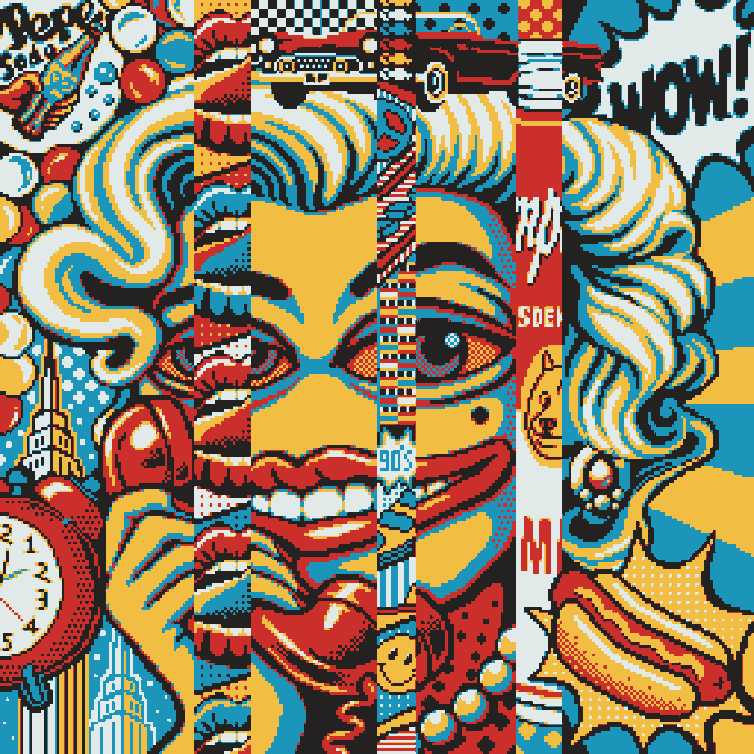 A vibrant pop-art style illustration featuring Marilyn Monroe in bold red, yellow, and blue tones with comic-book elements like 'WOW!' speech bubbles and a taxi cab.