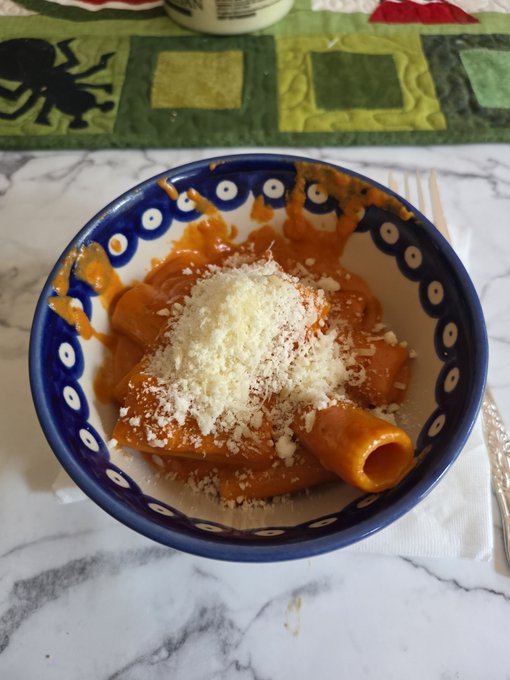 A bowl of rigatoni pasta in red sauce topped with grated parmesan cheese, served in a decorative blue and white bowl on a marble countertop.