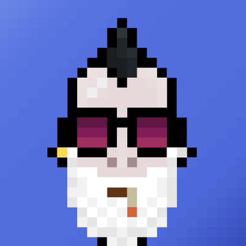 A pixel art portrait of a person with dark hair styled up, large purple-tinted sunglasses, and a white outfit against a blue background.