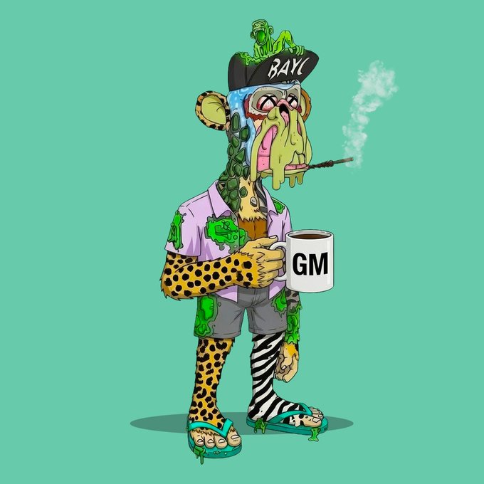 A surreal cartoon character with animal-print limbs, dripping green paint, and a small frog on its "BAYC" cap smokes a joint while holding a mug labeled "GM"—a perfect visual match for the crypto-style "GM web fam" greeting paired with Bored Ape Yacht Club (BAYC) and Hmm (HMM) tags.