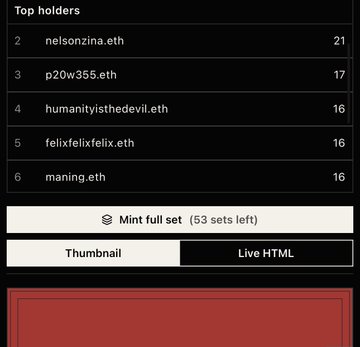 The image shows a "Top holders" leaderboard listing Ethereum wallet holders, with nelsonzina.eth at rank 2 (21), p20w355.eth at rank 3 (17), humanityisthedevil.eth at rank 4 (16), felixfelixfelix.eth at rank 5 (16), and maning.eth at rank 6 (16), along with a "Mint full set (53 sets left)" button and Thumbnail/Live HTML toggles. This appears to be the collector/minting page for the legendary NFT set referenced in the dav.worldcomputer.art post.