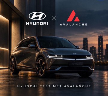 A promotional graphic featuring a dark Hyundai IONIQ 5 electric car, overlaid with the Hyundai and Avalanche brand logos separated by a cross design, and the text "HYUNDAI TEST MET AVALANCHE" displayed at the bottom. The image ties the post to a rumored partnership between Hyundai and the Avalanche blockchain ($AVAX) network.