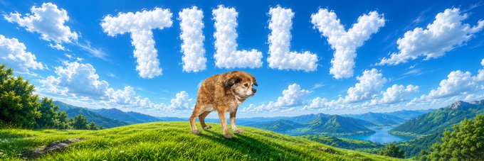 A fluffy brown puppy stands on a lush green hilltop with the word "TILLY" spelled out in clouds against a bright blue sky. This whimsical banner captures the playful spirit of the Solana memecoin $TILLY, making it a fitting visual identity for the community's new token on Moby.