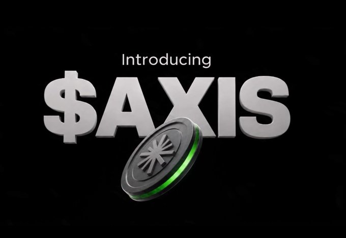 A black promotional graphic displays the white text 'Introducing $AXIS' with a futuristic coin featuring a green ring and a starburst symbol positioned below the text.