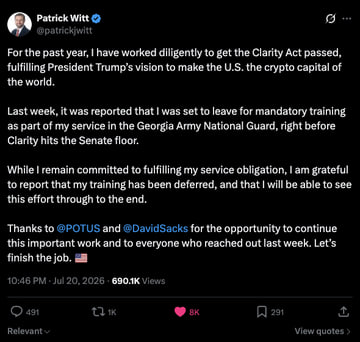 A tweet from Patrick Witt (@patrickjwitt) dated July 20, 2026, announcing he got the Clarity Act passed to make the U.S. the crypto capital of the world, and that his Georgia Army National Guard training has been deferred so he can see the legislation through the Senate.
