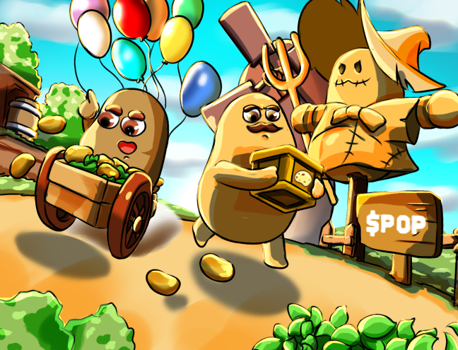 A colorful cartoon illustration featuring three potato-like characters in a field; one rides a cart with balloons, another holds a treasure chest of coins, and a scarecrow stands next to a sign reading '$POP'.