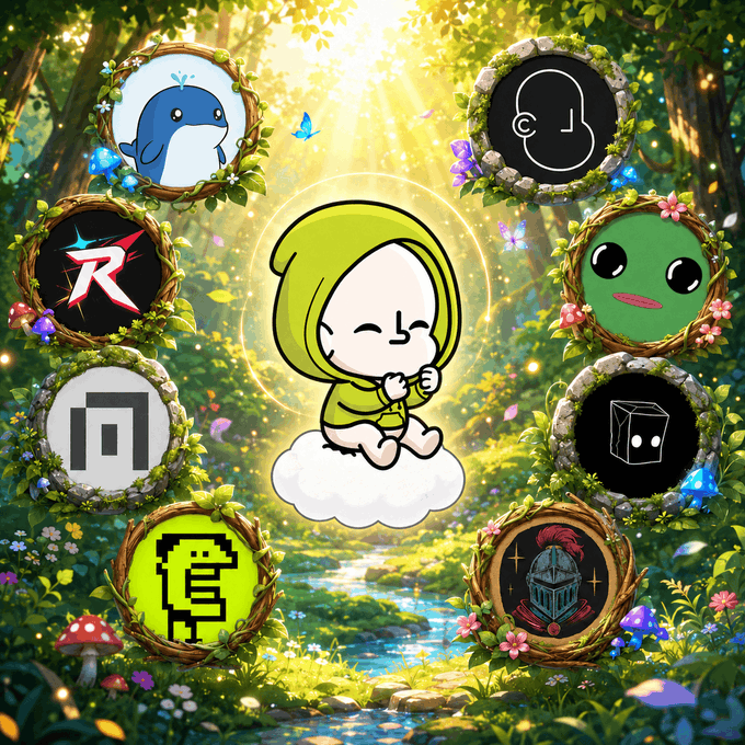 A colorful digital illustration in a forest setting featuring a cute character in a green hood sitting on a cloud, surrounded by decorative circular icons containing various logos and designs.