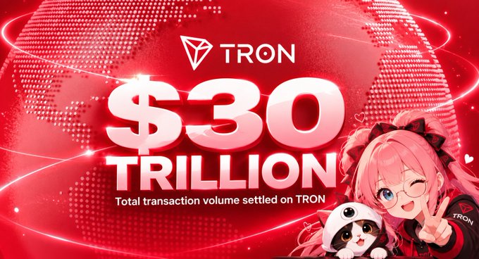 A red promotional graphic for TRON announces '$30 TRILLION Total transaction volume settled on TRON,' featuring the TRON logo and an anime-style character with pink hair posing with a cat.