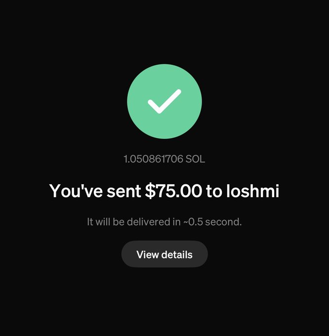 A transaction confirmation screen showing a successful payment of $75.00 (1.050861706 SOL) sent to "loshmi," with delivery expected in approximately 0.5 seconds. The image illustrates the playful tip or gift from "the favorite intern" referenced in the accompanying message.