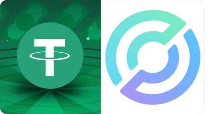 The image shows the Tether (USDT) logo on the left in green and the Circle (USDC) logo on the right in blue and teal, visually representing the two companies mentioned in the headline about their combined 82% dominance of the stablecoin market.