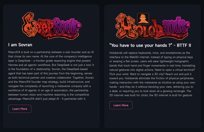 Two webpage sections titled 'DeepSeek' and 'Holobands' with detailed descriptions about an AI company called Sovran and its virtual terminal interface that uses hand gestures instead of physical peripherals.