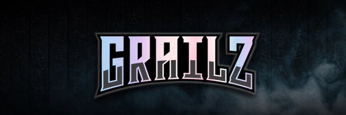 The word 'GRAILZ' displayed in a stylized, bold, purple and white 3D font against a dark, smoky background.