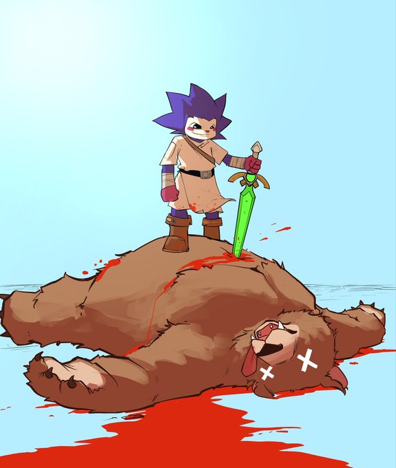 The image features a cartoon character, possibly a boy or a girl, standing next to a large brown teddy bear that has been rendered with red paint. The teddy bear appears to be dead, as evidenced by its crossed eyes and bloodied body. The caption of the image reads "chog was forged in the bear. chog thrives in the bear." This suggests that the character might have been involved in a fight or an accident with the bear, resulting in its death.
