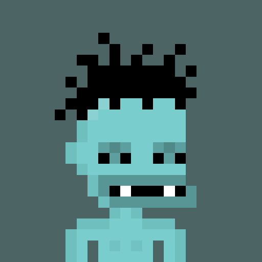 A pixel art portrait of a light blue-skinned zombie character with messy dark hair, looking forward with a small grin against a gray background.