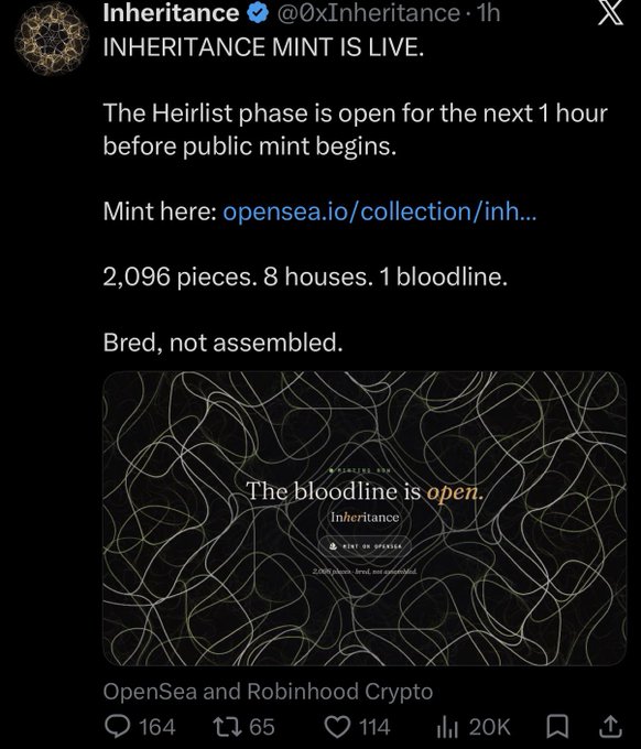 A tweet from Inheritance (@0xInheritance) announcing the launch of a "Bred, not assembled" NFT mint with 2,096 pieces across 8 houses, linking to OpenSea. The accompanying post expresses frustration that OpenSea fails to prevent or publicly flag projects from over-allocating guaranteed mint passes (GTDs), suggesting this transparency would protect buyers from wasting money.