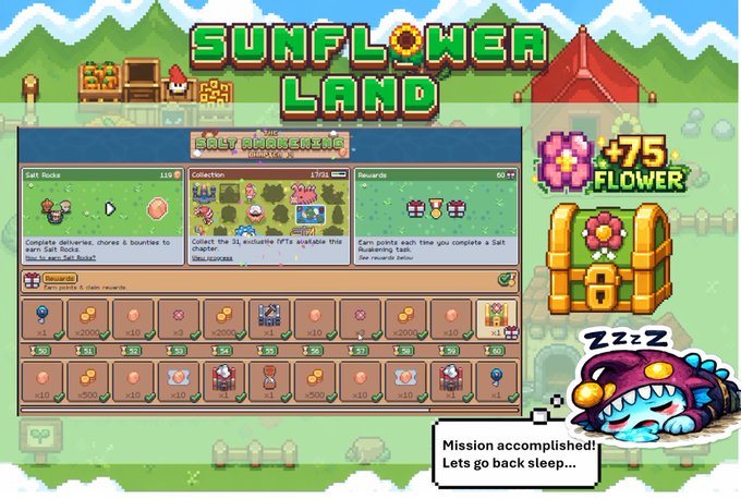 Screenshot of the pixel-art game 'Sunflower Land' showing Salt Gathering, Salt Rocks, Collection, and Rewards menus with a sleeping mushroom character saying 'Mission accomplished! Lets go back sleep...'