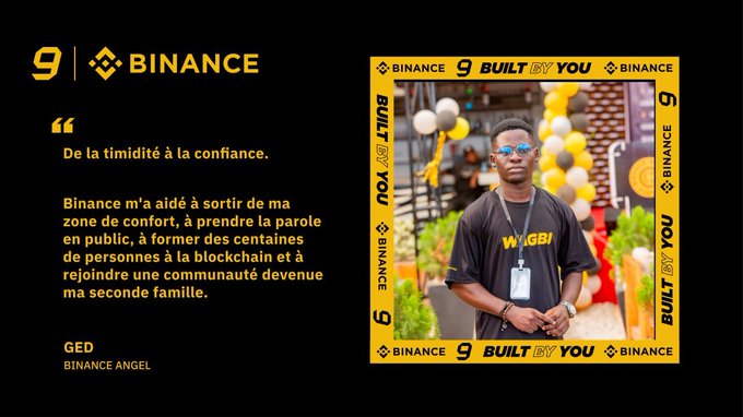 A Binance promotional graphic features "GED," a Binance Angel, pictured on the right with the slogan "BUILT BY YOU," alongside a French testimonial stating how Binance helped him move from shyness to confidence, empowering him to speak publicly and find a second family in the community—directly reflecting the post's message about personal growth and the deeper impact of the Binance experience beyond just blockchain knowledge.