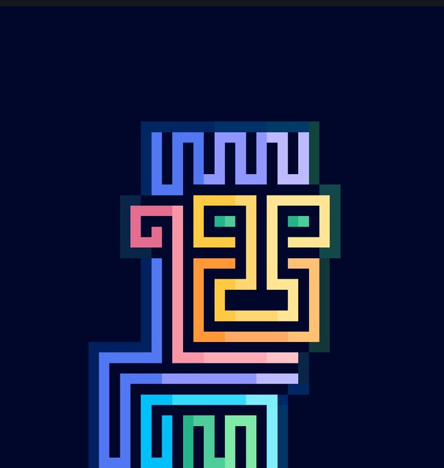 A stylized pixel-art profile portrait featuring a geometric, maze-like head design composed of blue, purple, yellow, green, and pink lines against a dark blue background.