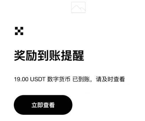 A mobile notification screen in Chinese announcing a 19.00 USDT digital currency reward deposit with a black "立即查看" (View Now) button.