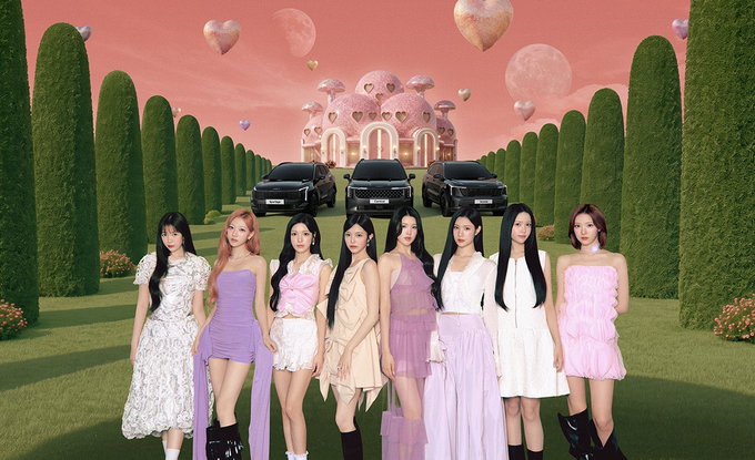 Eight women in pastel-colored dresses standing in a line on a grassy lawn, with three black Range Rover SUVs parked behind them, framed by tall green hedges and a fantasy-style castle under a pink sky with heart balloons.