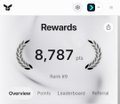 A digital rewards screen displays a balance of '8,787' points under a laurel wreath graphic.