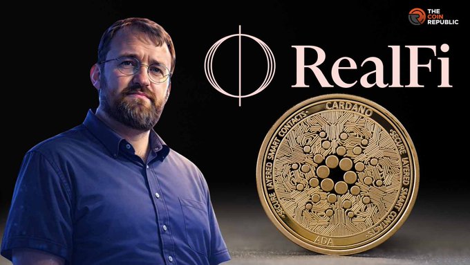 A man stands beside the RealFi logo and a Cardano (ADA) gold coin, with 'The Coin Republic' logo in the top right corner.