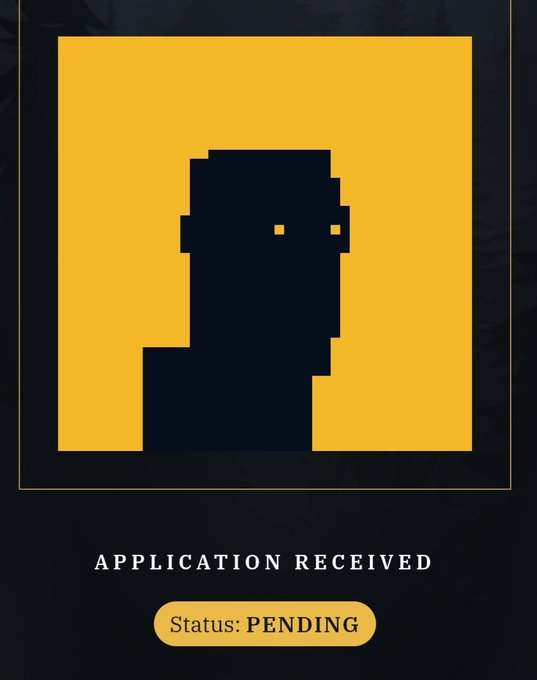 A graphic with a yellow and black pixelated face avatar displays the text "APPLICATION RECEIVED" and "Status: PENDING" below.