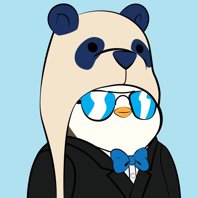 A cartoon illustration of a panda wearing a black suit and blue bow tie, with a small penguin sporting reflective blue sunglasses tucked into its front.