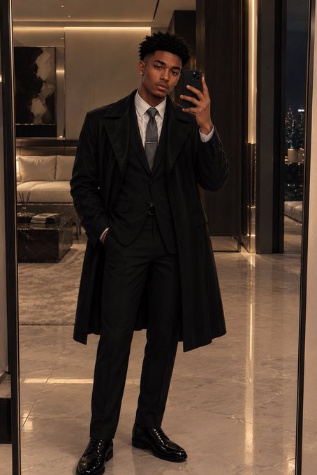 A young man takes a mirror selfie in a luxurious modern interior, wearing a black three-piece suit, gray tie, and a long black overcoat.