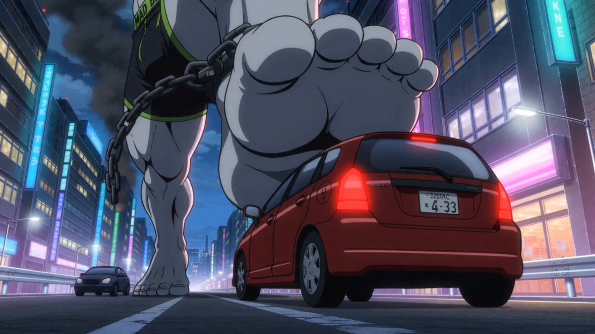 The image features a cartoon scene of a giant foot chained to a red car driving down a city street at night. There are also several cars visible in the background, indicating that this scene takes place in an urban setting with various vehicles on the road. The caption provided seems unrelated and does not provide any context or information about the image itself.