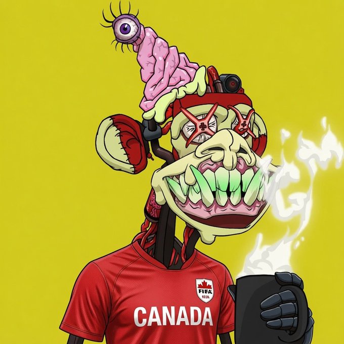 A grotesque, cartoonish Bored Ape-style character with a protruding eyeball, sharp teeth, and red X-eyes holds a steaming black coffee mug while wearing a red "CANADA" FIFA soccer jersey against a yellow background—matching the post's enthusiastic "Gm" coffee moment and Canada soccer pride.