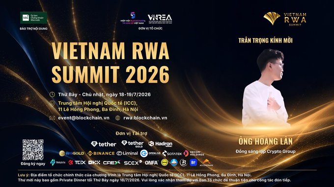 A promotional banner for the Vietnam RWA Summit 2026, scheduled for July 18-19, 2026, at the International Convention Center (ICC), 11 Lê Hồng Phong, Ba Đình, Hanoi, featuring "Mr. Hoàng Lân," Founder of Crypto Group, as the opening speaker, with organizers and sponsors including Tether and multiple blockchain/crypto brands like Binance, OKX, and SCBX. The countdown of "7 days" to the event aligns with the post announcing the final stretch before Vietnam's first international conference on real asset tokenization.