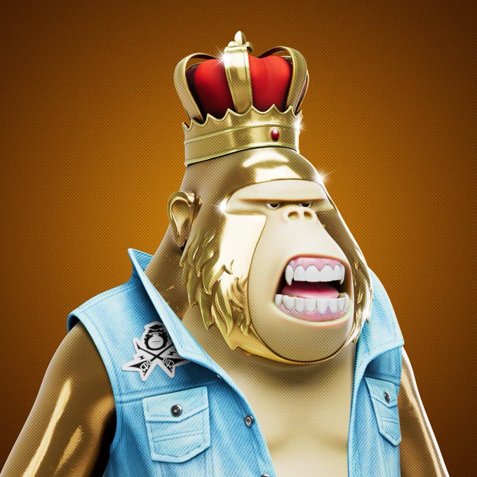 A 3D rendered golden gorilla character wearing a red and gold crown and a denim vest with a sheriff badge.