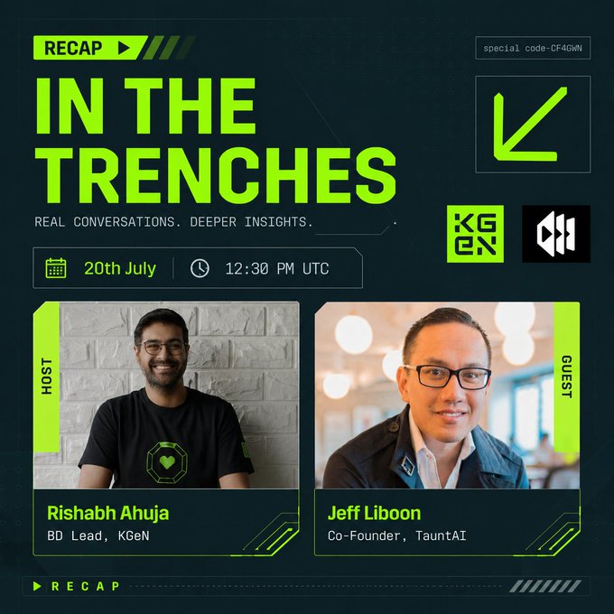 The image is a promotional recap graphic for an "In The Trenches" AMA session held on July 20th at 12:30 PM UTC, featuring KGeN BD Lead Rishabh Ahuja as host and TauntAI Co-Founder Jeff Liboon as guest, discussing prediction markets in crypto.