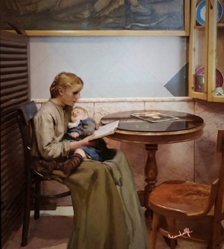 The image is a tender painting of a woman seated at a wooden table holding a baby and reading a letter, rendered in a classic interior scene style. There is a signature visible in the bottom right corner of the artwork, and the scene relates to the post as a featured artistic piece available as a new drop on the @objktcom NFT platform.