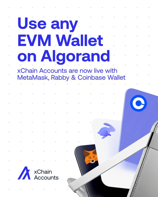 Promotional graphic featuring the headline "Use any EVM Wallet on Algorand" with subtext announcing that "xChain Accounts are now live with MetaMask, Rabby & Coinbase Wallet," alongside illustrations of the three wallet app icons emerging from a silver case, visually reinforcing the post's message about EVM wallet interoperability with the Algorand blockchain.