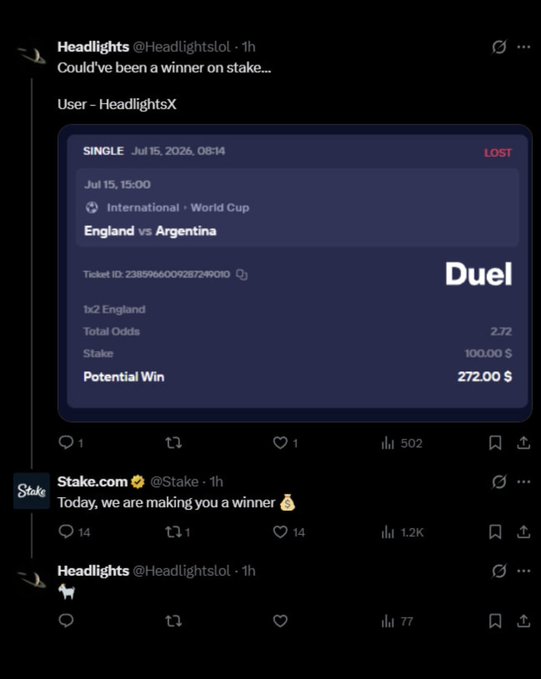The image shows a Stake.com betting slip for an England vs Argentina World Cup match, where a $100 bet on "bt2 England" (both teams to score, England to win) at 2.72 odds would have paid out $272, but is marked as LOST—contrasting with Stake's reply tweet promising to "make you a winner."