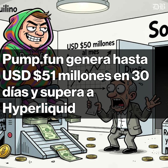 A cartoon graphic from Diario Bitcoin features a grinning character printing money while a panicked businessman watches, with Spanish text reading 'Pump.fun genera hasta USD $51 millones en 30 días y supera a Hyperliquid.'