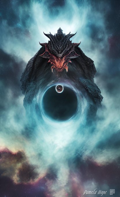 A dark fantasy digital artwork by Pamela Hope showing a menacing dragon-like creature hovering above a dark portal with a moon-like orb, set against a cosmic blue and purple nebula background.
