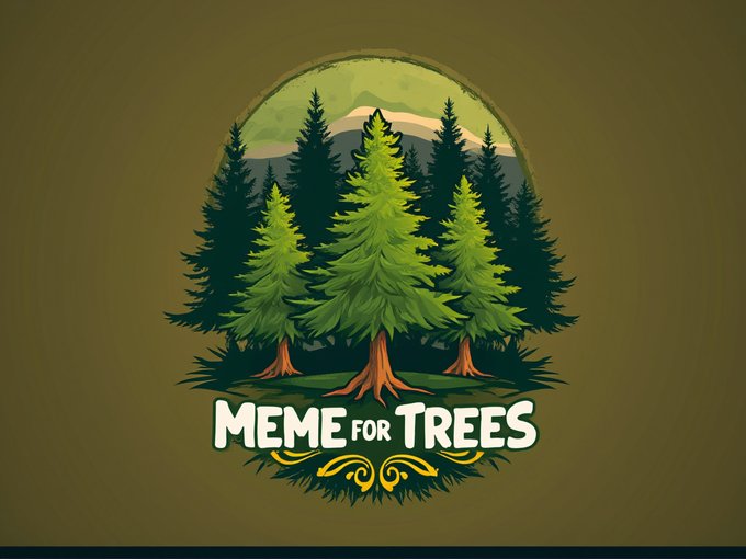 A logo featuring illustrated pine trees in a forest setting with mountains in the background, accompanied by the text 'MEME FOR TREES' in white lettering.