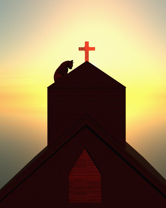A silhouetted black cat perches atop an abandoned church beside a red-glowing cross against a yellow-orange sunset sky, visually embodying the hauntingly poetic scene of a cursed feline finding refuge beneath sacred ground in "Remember your sins."