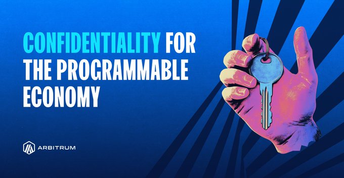 A promotional graphic with the text 'CONFIDENTIALITY FOR THE PROGRAMMABLE ECONOMY' next to a colorful illustrated hand holding a key, featuring the Arbitrum logo.