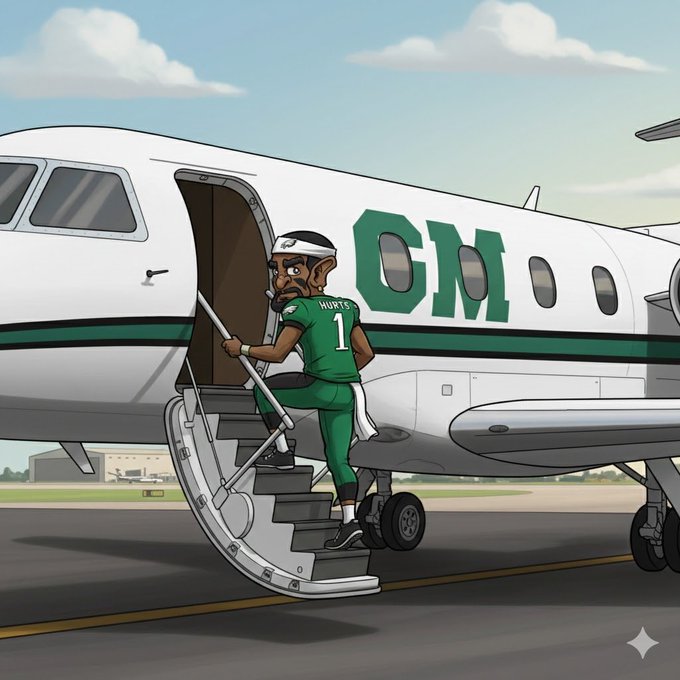 A cartoon illustration of a basketball player wearing a green jersey with the number 1 and "HURTS" on the back, boarding a private jet that has "CDI" written in green letters on its side.