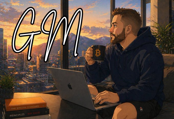 An illustrated image of a bearded man in a hoodie working on a MacBook while holding a Bitcoin mug, with 'GYM' written in stylized white text over a sunset cityscape.