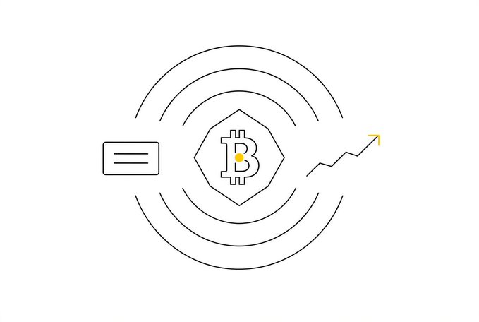 A minimalist line-art graphic showing a Bitcoin 'B' symbol in a hexagon emitting signals, flanked by a credit card icon on the left and an upward trending stock chart arrow on the right.