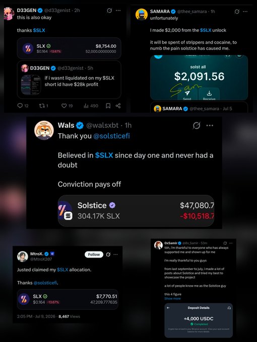 A collage of crypto-related social media posts shows users celebrating profits from the $SLX token, with one post showing a loss of -$10,518.7 and others reporting gains on Solstice allocations.