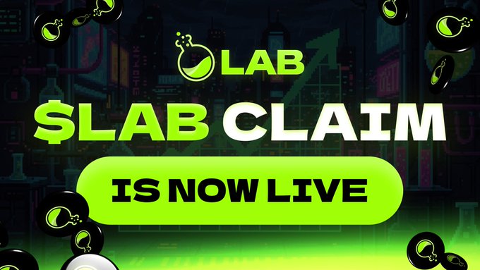 A promotional graphic announcing that the "$LAB CLAIM" is now live, featuring the green LAB logo against a stylized cityscape background with floating bomb icons. The image aligns with the announcement by visually emphasizing the availability of the LAB token unlock event.